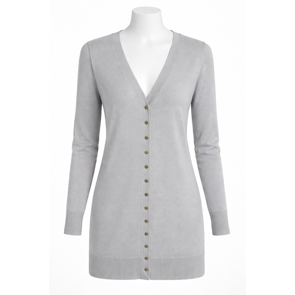 Halife Longline Button Front Knit Cardigan Light Gray Small